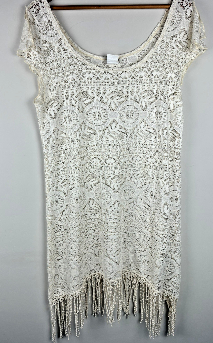 Lucky Brand Swimwear Ivory Crochet Lace Fringe Beach Cover Up Boho Tunic Coastal